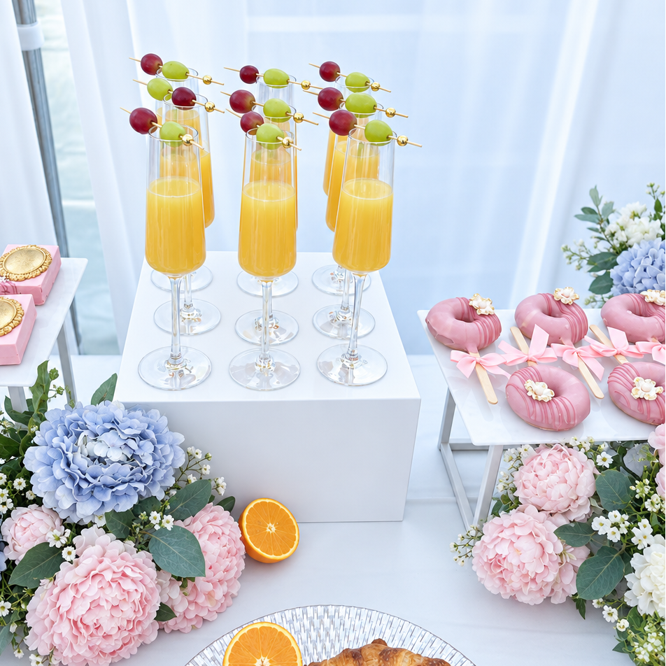 A styled dessert and drink display with three tall glasses of orange juice on white pedestals, decorated fruit skewers, pink donuts with pink bows, and pink flowers on a table against a white curtain background.