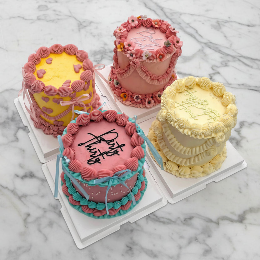 Four colorful vintage cakes, vintage lambeth style decor