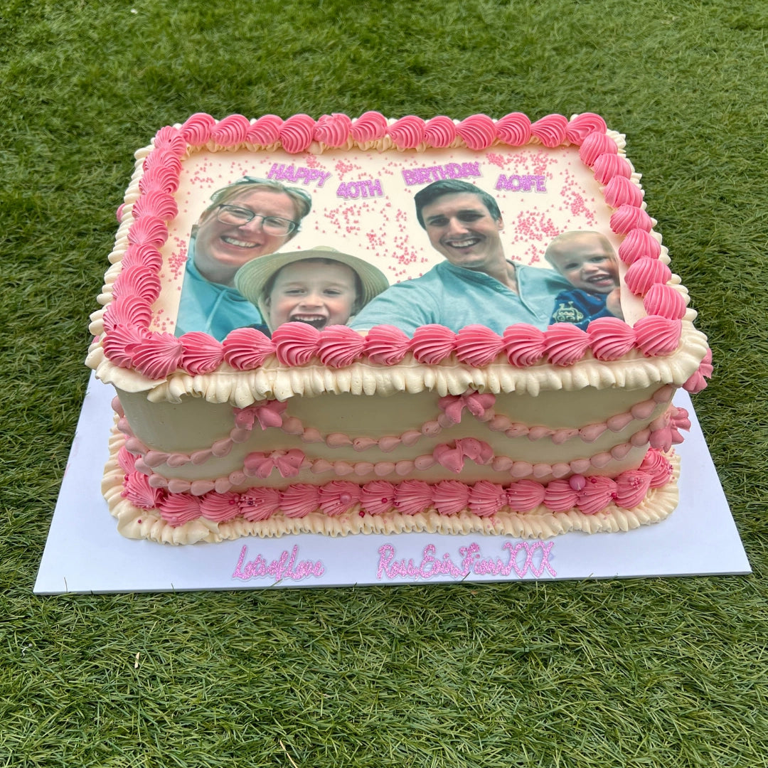Luxury vintage slab cake with intricate buttercream shell piping and a personalized message, handcrafted by CakeMeAway Dublin.