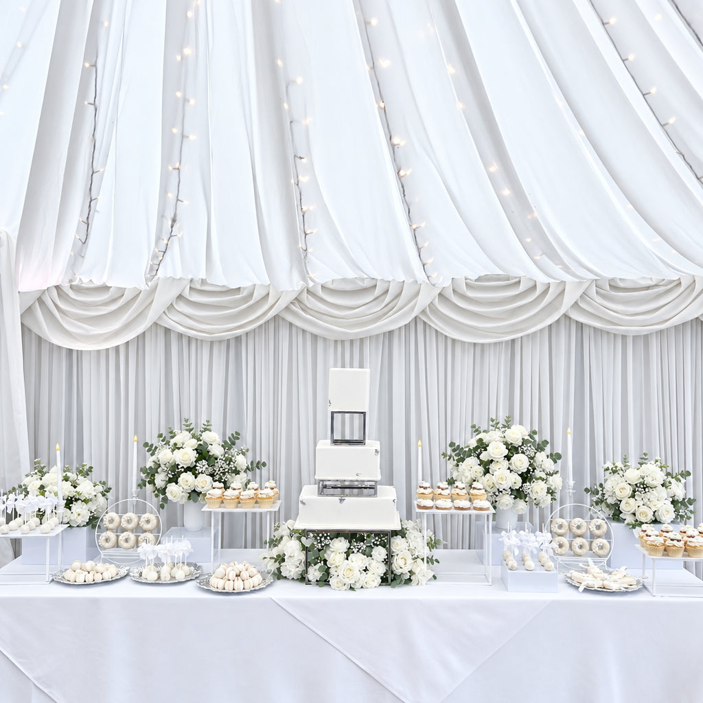 Decorative dessert table with white flowers, cake, and pastries under draped fabric with string lights.